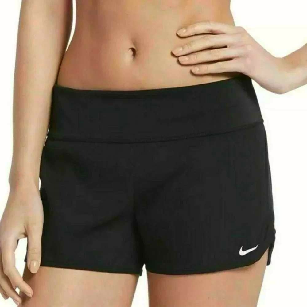 Nike Swim Board Shorts Womens S Solid Black Athletic Beachy Swoosh Logo 2.5"